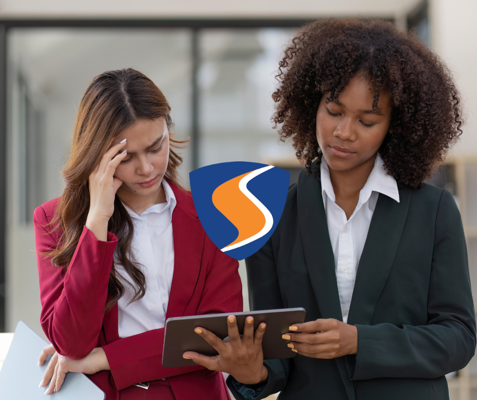 Two women thinking about switching cleaning providers, featuring Sovereign logo